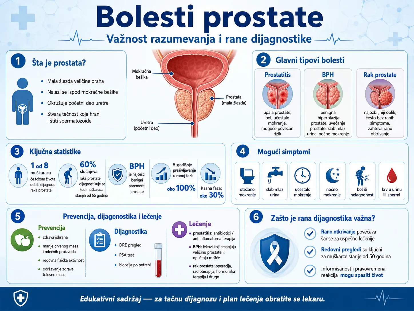 Infografika o bolestima prostate sa prikazom anatomije prostate, glavnih tipova bolesti, simptoma, statistike, dijagnostike, lečenja i prevencije